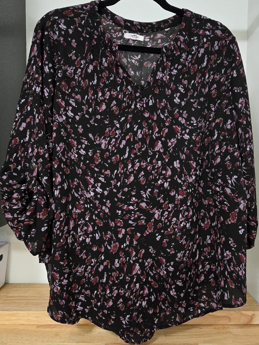 Maurices Black Floral Blouse with Pink and Burgundy Print Size 1X